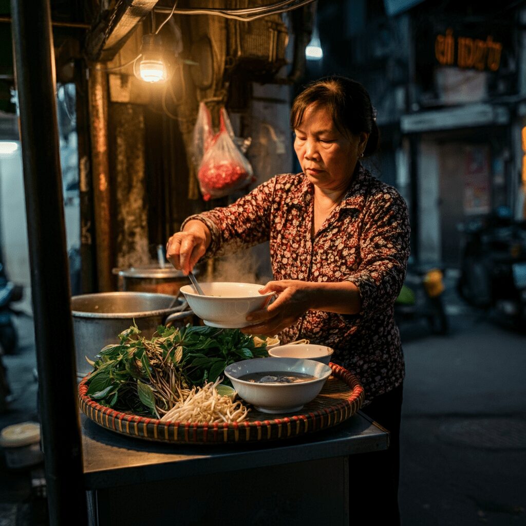 A Vietnamese woman selling Pho on the street of Vietnam
